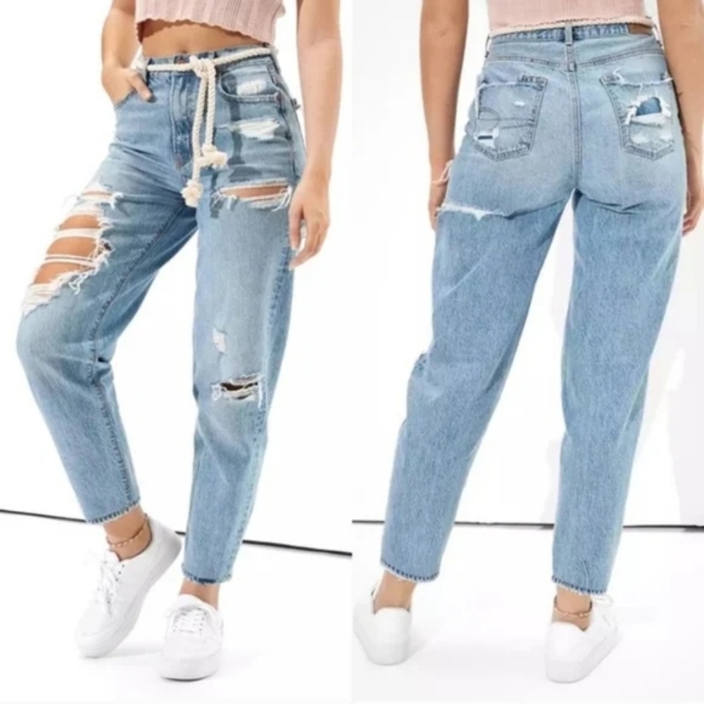 American Eagle Distressed Ripped Relaxed Mom Jeans Womens Size 2 Reg